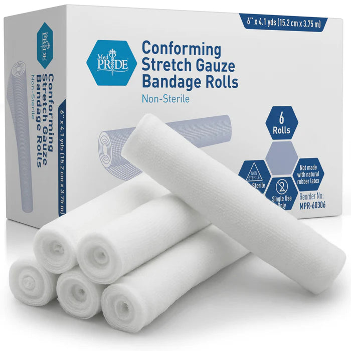 MedPride Conforming Stretch Gauze Bandage Roll - Non-Sterile - 6"x4.1 yd - 6 Rolls, Case of 8 (48 Count)