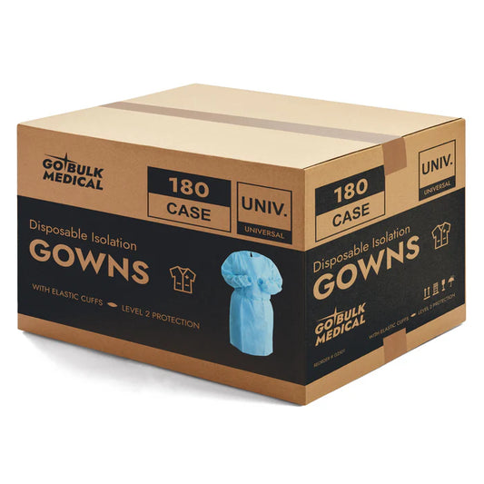 Disposable Isolation Gowns with Elastic Cuffs - Universal Size, Level 2, SMS, 180/Case - Blue